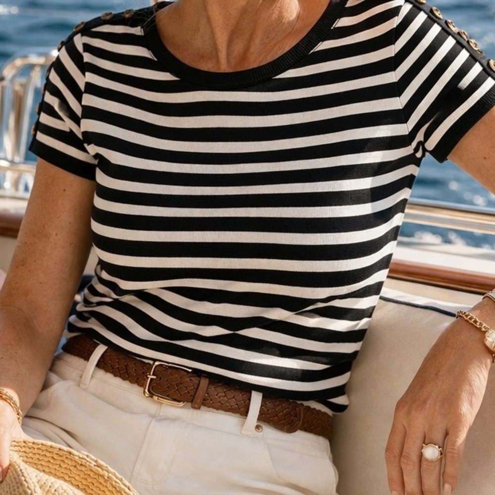Lauren Ralph Lauren Striped Button Shoulder L Top Nautical Preppy Coastal Staple - Picture 1 of 12